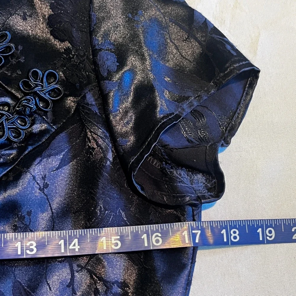 By Choice Vintage 90s Navy Blue‎ Floral Jacquard Cheongsam Dress Y2K Size 7 Frog